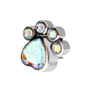 Titanium threadless bezel heart & round CZ paw earring | aurora borealis | black onyx | paw print earring | great earring | ear piercing
