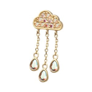 14Kt Yellow Gold Threadless Pave Round Gem Cloud Top with Bezel Pear Trio Dangle gold | cute piercing | dangle piercing