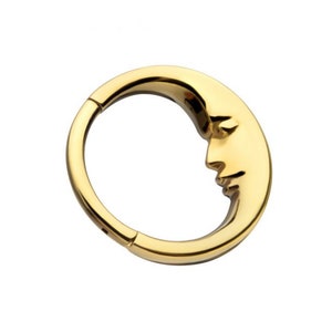 Titanium or 24kt gold pvd Crescent Moon Face Front Facing Hinged Segment Clicker | moon face hoop | goth jewelry | witchy jewelry | unique