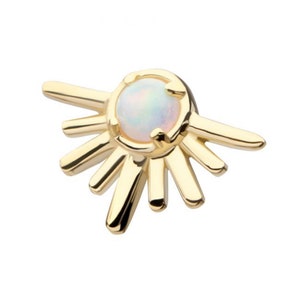 14Kt Yellow Gold Threadless Prong Set Round White Opal Half Starburst Top | helix piercing | Tragus piercing | flat piercing | gold earring