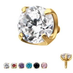 16g Low Profile 24kt gold  Internally Threaded with Prong Set Round CZ Top | 14 gauge piercing | industrial piercing | lip piercing