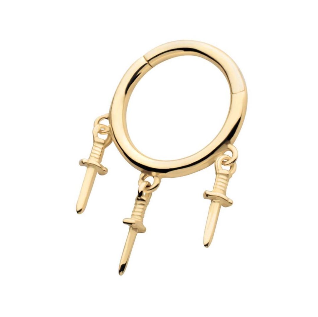 14kt Yellow Gold Triple Dagger Dangle Charm Hinged Segment Clicker ...