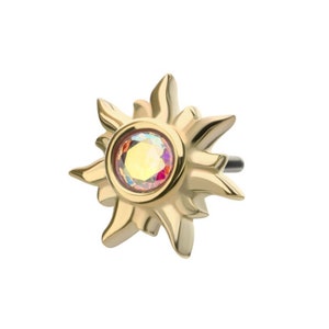 14Kt Yellow Gold Threadless Round Bezel Set Gem Sunburst earring | sun earring | sunburst earring | aurora borialos piercing |helix piercing