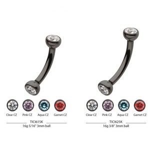 Black PVD titanium internally threaded double bezel gem curved barbell | rook jewelry | vertical labret jewelry | black jewelry | goth