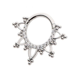 Titanium pave set round CZ with tri beads front facing hinged segment clicker | daith jewelry | septum jewelry | septum piercing | daith