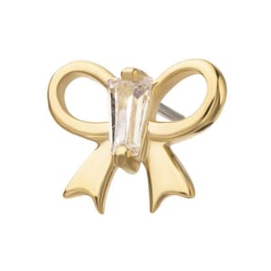 14Kt Yellow Gold Threadless Cut Out Bow with Prong Set Baguette Gem earring | cartilage piercing | Tragus piercing | cute piercing
