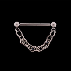 May include: Silver chain body jewelry with two ball ends. The chain is made of small, linked circles.