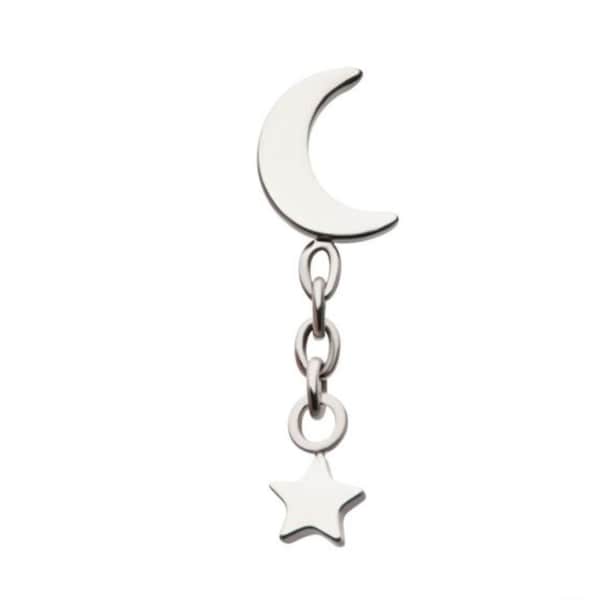 Titanium draadloze halvemaantop met bungelende ster | bungelende piercing | bungelende oorbel | schattige hangende sieraden | maan sieraden |
