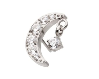 Brinco CZ de lua crescente sem fio em titânio ou ouro com pendente redondo CZ | brinco lua | brincos de bruxa | brincos pendurados