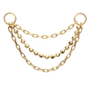 14Kt Yellow Gold 3-Tier Bead and Link Chain with Rings | triple gold nose chain | ear chain | gold nose chain | nose piercing |ear piercing