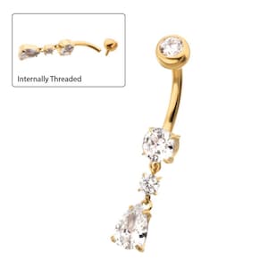 May include: Gold belly button ring with a dangling chain of clear cubic zirconia stones. The ring is internally threaded and has a small clear stone at the top.