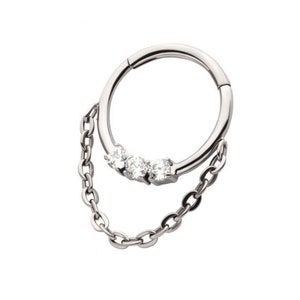 Titanium 3-cluster prong set round CZ front facing hinged segment clicker with dangle chain | septum ring | goth jewelry | 16 gauge