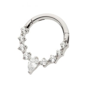 Titanium 9-Cluster Prong Set Round & Teardrop CZ Front Facing Hinged Segment Clicker | septum piercing | daith piercing | 8mm | 16 gauge