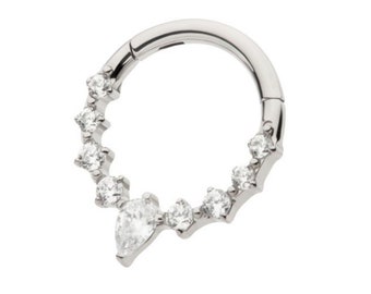 Titanium 9-Cluster Prong Set Round & Teardrop CZ Front Facing Hinged Segment Clicker | septum piercing | daith piercing | 8mm | 16 gauge
