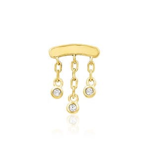 14Kt Yellow Gold Threadless Curve Bar w/ three chains and cz  | dangle earring | gold dangle earring | hidden helix piercing |