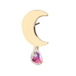 14kt Yellow Gold Threadless Crescent Moon Top with Invisible Set Pear Gem Dangle earring | gold moon earring | dainty moon earring