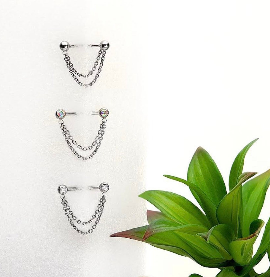 Set of Titanium Double Chain Dangle Nipple Jewelry Threadless Nipple Bars Chain Nipple Jewelry