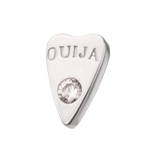 May include: Silver charm in the shape of a heart with the word "OUIJA" engraved on it. The charm has a small clear crystal in the center.