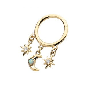 14Kt Yellow Gold Triple Dangle Charm Clear CZ Stars & Opal Crescent Moon Hinged Segment Clicker | dangle septum piercing | moon septum