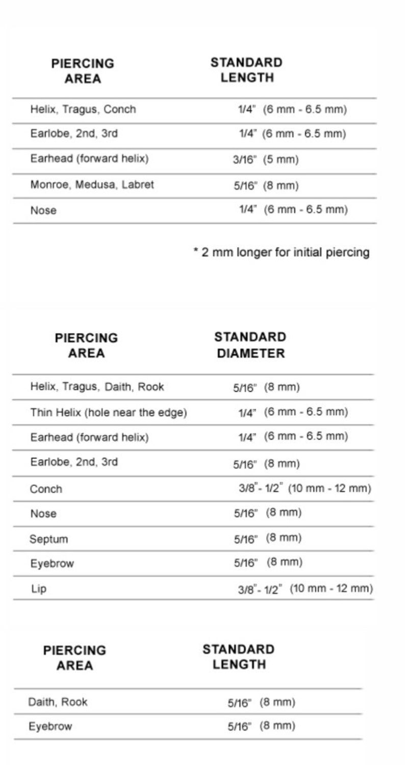 May include: A chart showing standard lengths and diameters for different piercing locations. The chart includes measurements in inches and millimeters. Piercing locations include helix, tragus, conch, earlobe, earhead, Monroe, Medusa, Labret, nose, septum, eyebrow, and lip.