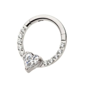 Titanium with 1mm CNC Set Full Clear CZ & Big Heart CZ Front Facing Hinged Segment Clicker | septum jewelry | daith jewelry | heart jewelry