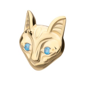 14kt Yellow Gold Threadless Etched Sphynx Cat Head Top with Aqua Gem Eyes earring | gold piercing | ear piercing | cartilage piercing