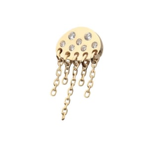14Kt Yellow Gold Threadless Bezel Set Round Gem Jellyfish Top with 5 Dangle Chain | 14kt gold earring | jellyfish earring | gold dangle