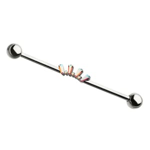 Titanium Internally Threaded Alternating Round & Baguette Prong Set Gem Cluster with Ball End Industrial Barbell | cute industrial piercing