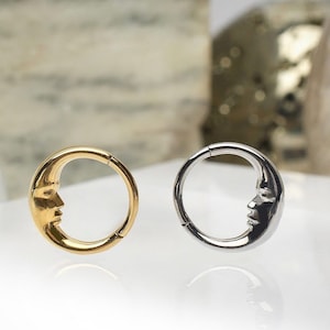 Titanium or 24kt gold pvd Crescent Moon Face Front Facing Hinged Segment Clicker | moon face hoop | goth jewelry | witchy jewelry | unique