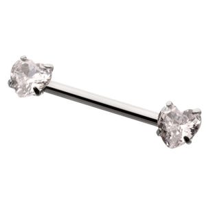 Titanium Internally Threaded Prong Set Heart CZ Gem End Nipple Barbell (One Side Fixed, One Side Internally Threaded) | nipple piercing