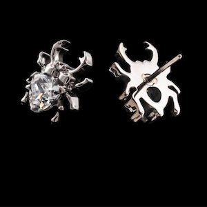 May include: A pair of silver-toned stud earrings shaped like beetles. One earring displays a clear, heart-shaped faceted gemstone on its back, while the other shows the reverse side with a metal post and butterfly clutch backing mechanism.