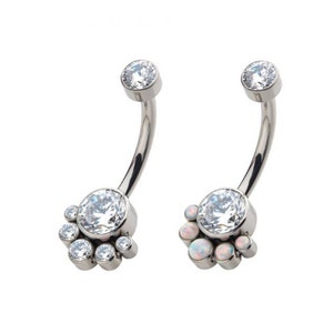 Puede incluir: Dos anillos de ombligo plateados con piedras transparentes y de ópalo. El anillo de la izquierda tiene una piedra transparente más grande rodeada de piedras transparentes más pequeñas. El anillo de la derecha tiene una piedra transparente más grande rodeada de piedras de ópalo más pequeñas.