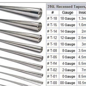 May include: A chart showing the sizes and inside diameters of 316L stainless steel recessed tapers. The chart lists sizes from 18 gauge to 00 gauge, with corresponding inside diameters ranging from 1.3mm to 10.5mm.