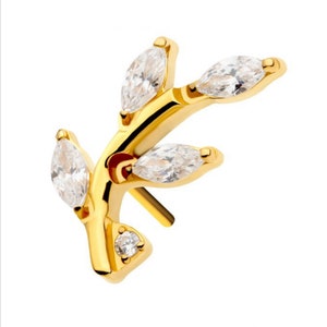 24k gold threadless prong marquise CZ leaf earring | gold leaf earrings | dainty earrings | witchy jewelry | body jewelry