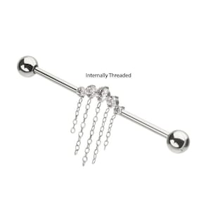 14gTitanium Internally Threaded 5 Round Prong Set Gem Cluster with 5 Chain Dangle & Ball End Industrial Barbell |dangle industrial