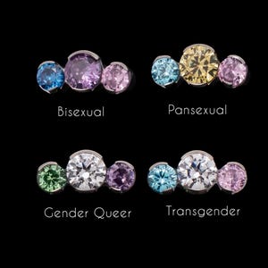 May include: Four sets of three-stone jewelry pieces, each with a different color combination. The text below each set reads: Bisexual, Pansexual, Gender Queer, and Transgender. The background is black.