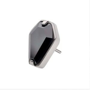 May include: A silver earring with a black gemstone in a geometric shape.