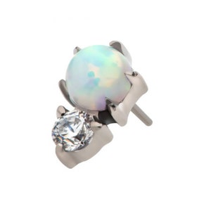 Titanium threadless with prong set round white opal & heart clear CZ earring | tragus jewelry | philtrum jewelry | cartilage jewelry |