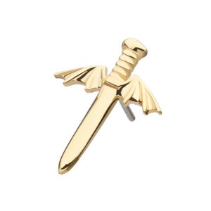 May include: Gold-toned body jewelry featuring a sword with wings. The sword is detailed with a twisted design on the handle.