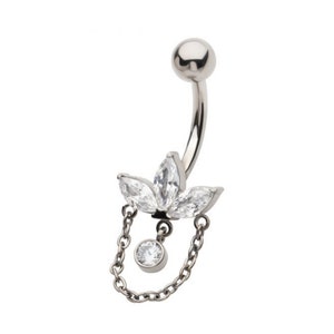 Titanium internally threaded 3-cluster pronged marquise CZ navel with chain & gem dangles | bellybutton piercing | navel ring | dangle belly
