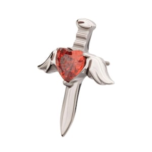 May include: A silver pendant featuring a sword with wings and a red heart-shaped gemstone.