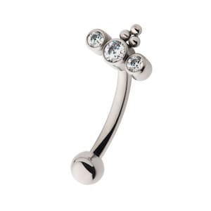 Titanium internally threaded tri bead and clear CZ curved barbell | cute rook jewelry | cute vertical labret jewelry | cute eyebrow jewelry