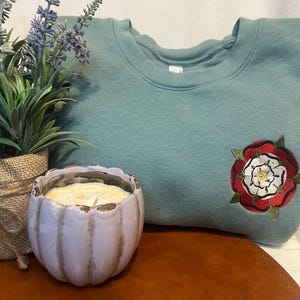 Aqua Tudor Rose Embroidered Traditional Crewneck Sweatshirt