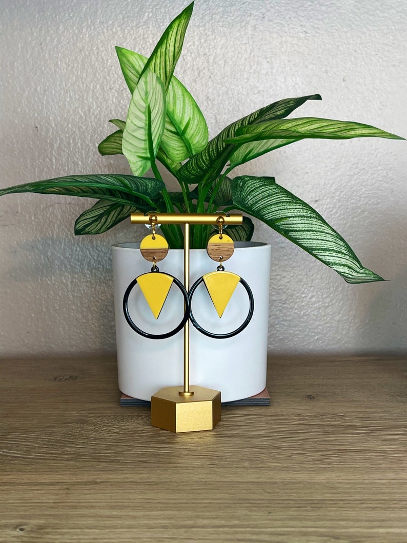 Gold Dangle Earrings with BlackYellow Color Block Circle Shape with Floating Pie Shape