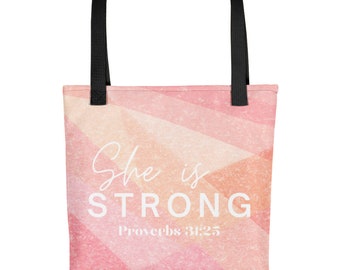 Tote bag with Bible Verse Proverbs 31:25 Christian Scripture Book Bag