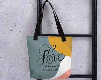 Tote bag with Bible Verse - 1 Corinthians 13:8 Christian Scripture Book Multipurpose Bag