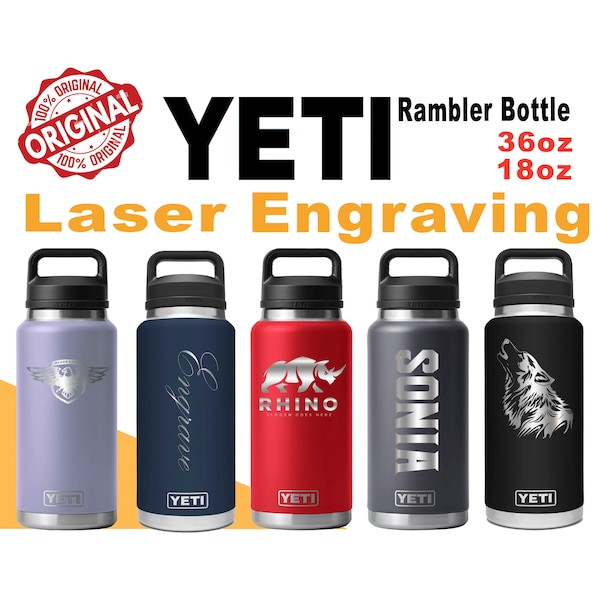 Personalized YETI Rambler Stainless Steel Bottle, Vacuum Insulated Custom Water Bottle, Laser Engraved Bottle with Chug Cap, 18oz, 36oz.