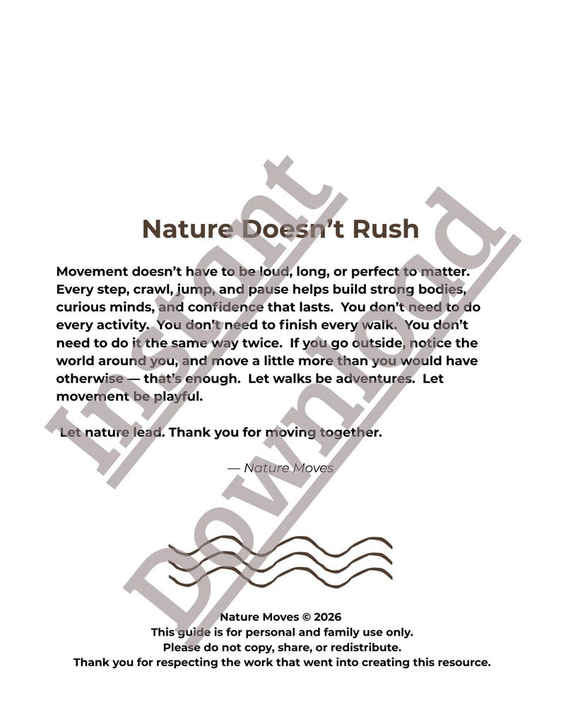 K&ouml;nnte beinhalten: Ein wei&szlig;es Papier mit dem Titel "Nature Doesn't Rush" in dunkelbrauner Schrift. Der Text beschreibt die Vorteile von Bewegung und Natur. Der untere Teil enth&auml;lt den Text "Nature Moves &copy; 2026".