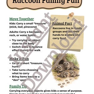 May include: A poster titled "Raccoon Family Fun" with text about family activities. It includes illustrations of raccoons and text about carrying objects. The poster also has an "Animal Fact" section and a "Family Tip".