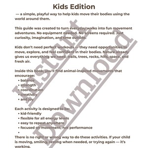 K&ouml;nnte beinhalten: Ein wei&szlig;es Papier mit dem Titel "Welcome to Nature Moves Kids Edition" und Text, der einen Leitfaden f&uuml;r Bewegungsaktivit&auml;ten von Kindern beschreibt. Der Leitfaden f&ouml;rdert Gleichgewicht, Kraft, Koordination, Kreativit&auml;t und Freude. Der Text erw&auml;hnt auch, dass der Leitfaden kinderfreundlich und flexibel ist.
